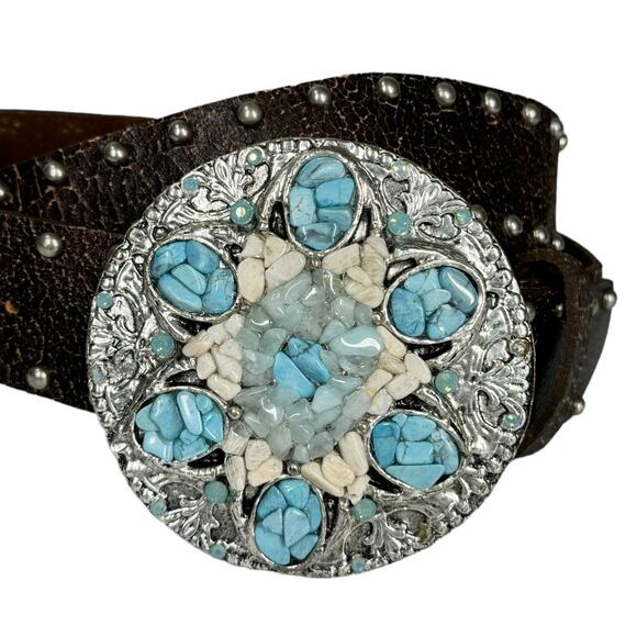 Leatherock Brown Leather Studded Turquoise Embellished Belt 32 Boho Western - Picture 2 of 7
